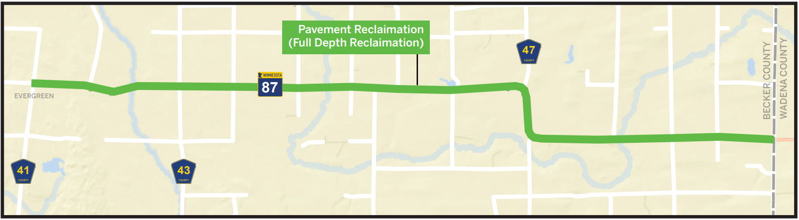 Project map for pavement resurfacing from Evergreen to the Becker/Wadena county line